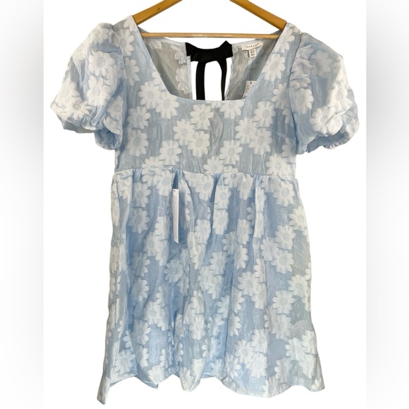 NWT Topshop Daisy Organza Bow Floral Sheer Babydoll Mini Dress Blue White Sz 12 - Picture 3 of 13